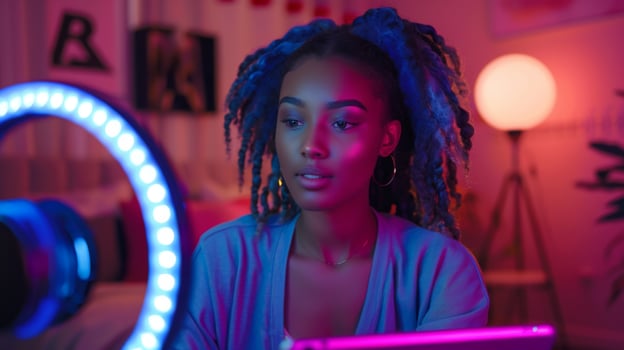 A young woman with colorful hair is focused on her laptop while using a ring light for creation in a cozy, well lit indoor space at night. photo
