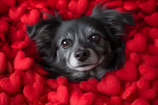 Adorable Black Dog Surrounded by Red Heart Plush Toys for Valentine's Day Love Concept photo