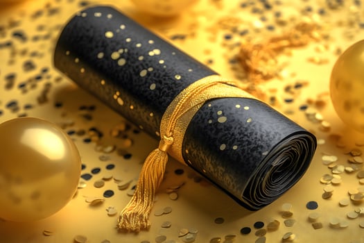 Elegant Celebration Scroll with Gold Accents and Confetti for Festive Occasions photo