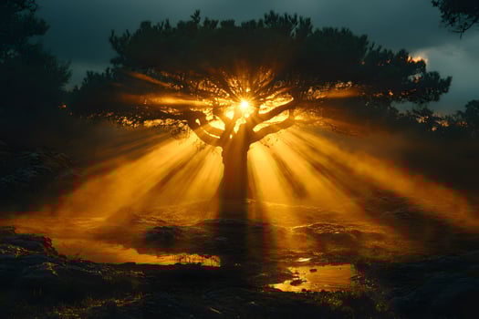 Sunlight Radiating Through Majestic Tree at Dusk for Tranquil Nature Scenes and Meditation Themes photo