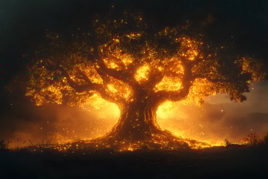 Enchanted Fiery Tree Mystical Nighttime Fantasy Scene for Visual Art Design photo