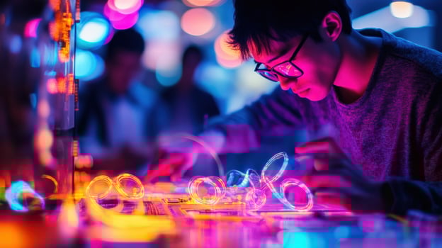 Film editor working with filmstrip illuminated by colorful neon lights photo