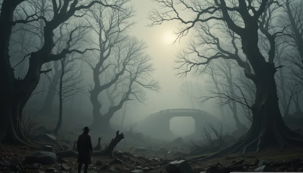 A man stands in the middle of a dark forest photo