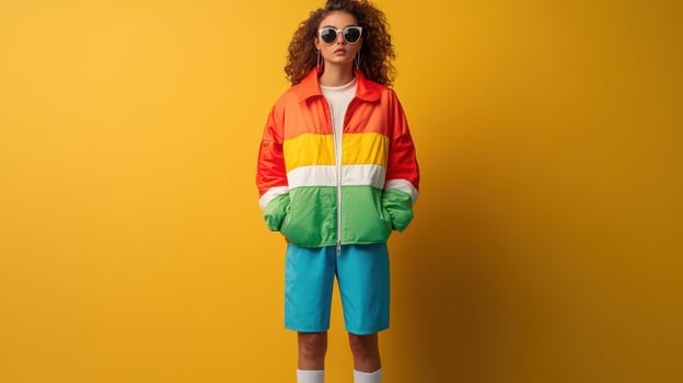 Stylish Young Woman in Colorful Jacket and Sunglasses Against Yellow Background photo