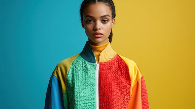 Portrait of a Young Woman in Colorful Modern Jacket Against Vibrant Yellow and Blue Background photo