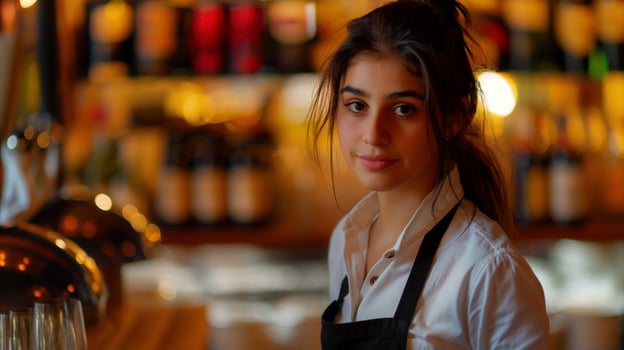 Young female bartender in black apron behind warmly lit bar portrait image. Bottles glasses barwoman picture photorealistic photography. Coffeeshop occupation concept photo realistic