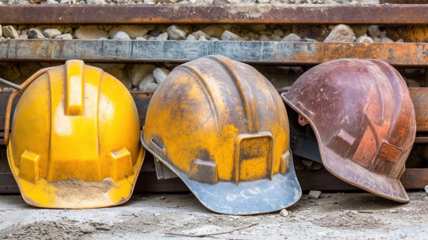 Three worn and dusty construction hard hats against metal beams closeup image. Worker protection hardhats close up photography. Helmets row. Industrial worksite concept photo realistic