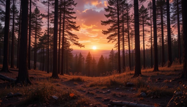 A sunset in the forest with trees and grass photo