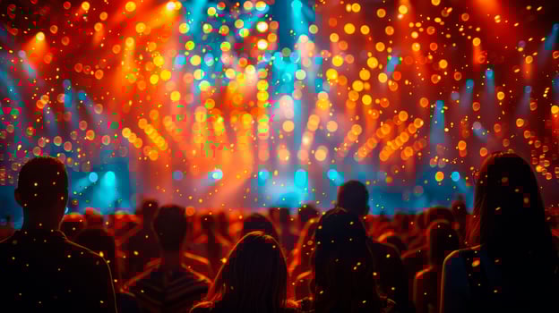 Spectator silhouettes against laser show on stage image. Large crowd at night concert photography scene realistic. City night life entertainment concept photorealistic photo