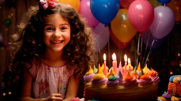 Pretty curly haired girl celebrating birthday portrait image. Happy child with holiday cake picture photorealistic photography. Children festive event concept photo realistic