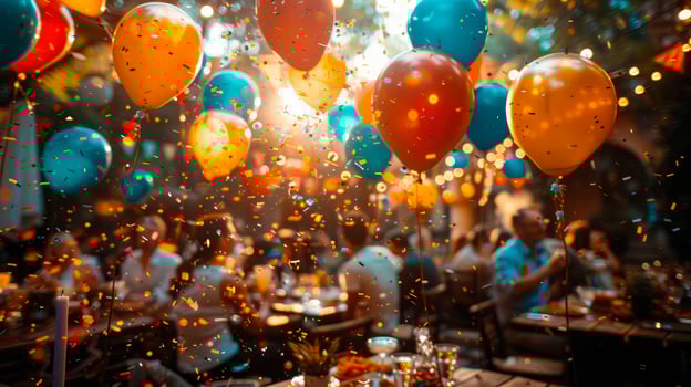 Floating balloons and confetti at party image. Happy holiday colorful ornaments photography scene realistic. Family gathering for festive event concept photorealistic photo