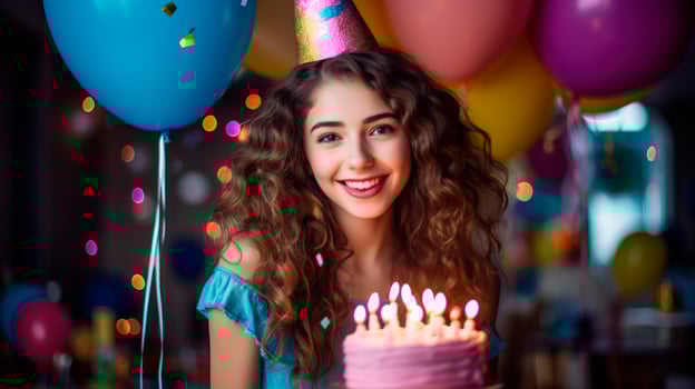 Happy caucasian woman with birthday cake portrait image. Young lady during happy party picture photorealistic photography. Festive event celebration concept photo realistic