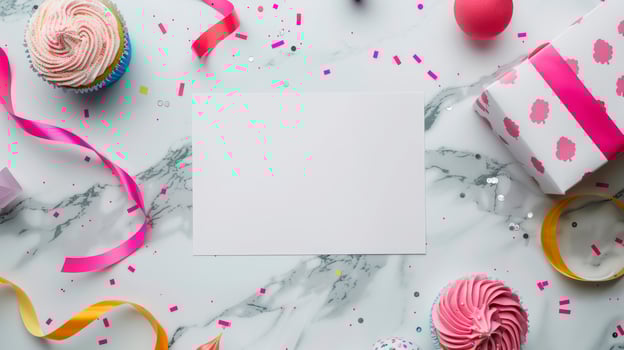 Blank card, cupcakes and present on marble table image copy space. Holiday holiday flat lay banner background blurred. Happy festive event design concept photography copyspace photo