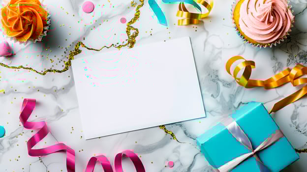 Blank card with holiday decor on marble table image copy space. Congratulation with birthday banner background blurred. Happy event celebration flat lay concept photography copyspace photo