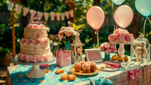 Baby shower party image. Festive cake with balloons for celebrating baby child birth photography scene wallpaper. Desserts served outdoor for holiday concept photorealistic photo