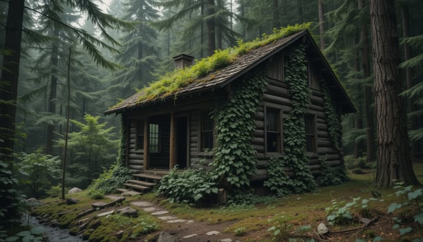 An old cabin in the woods with a green roof photo