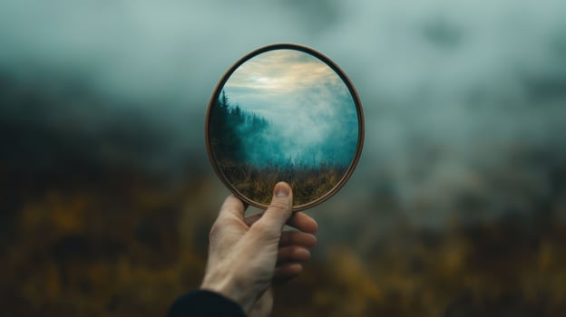 Hand Holding Mirror Reflecting Misty Forest Landscape with Cloudy Sky in the Background photo