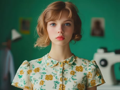 Portrait of a Young Woman with Short Blonde Hair in a Floral Dress Against a Green Background photo