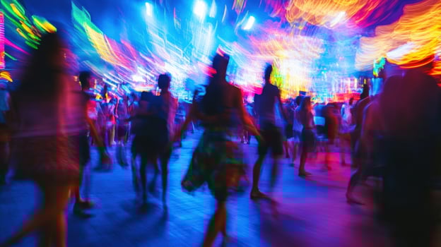 Crowd dancing under blurry colorful stage lights at night photo