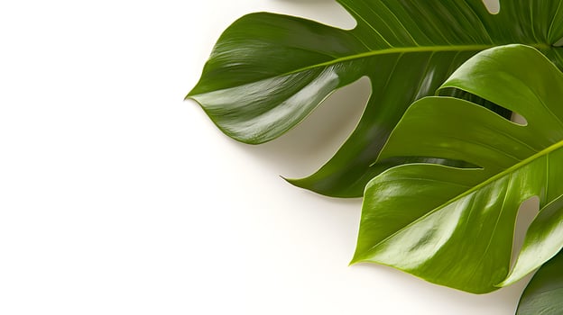 Lush green Monstera leaves elegantly arranged on a clean white background, perfect for design use photo