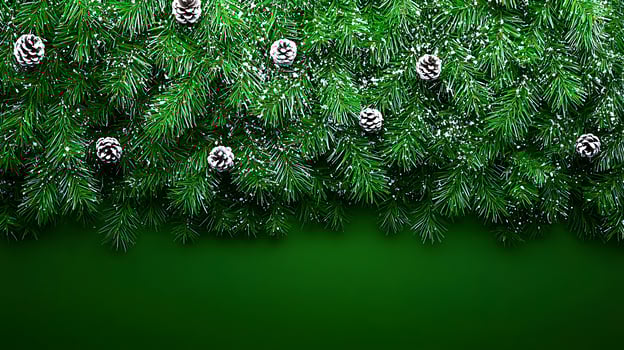 Lush green pine branches adorned with pine cones and a dusting of snow against a dark background photo