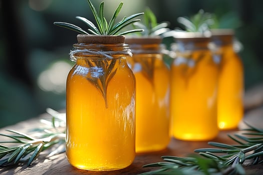Organic Honey Jars with Fresh Rosemary in Sunlit Setting for Natural Culinary Designs photo