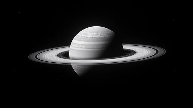 A black and white photo of a planet with a white spot on it. The planet is the size of a small ball and is surrounded by a ring. The photo has a moody