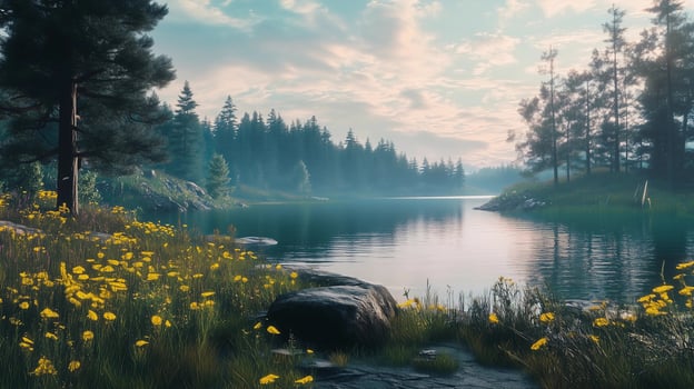 A beautiful, serene scene of a river surrounded by trees and a large rock. The water is calm and the sky is cloudy. Scene is peaceful and relaxing photo