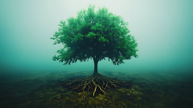 Lush green tree with exposed roots standing in a misty landscape, symbolizing growth and resilience photo