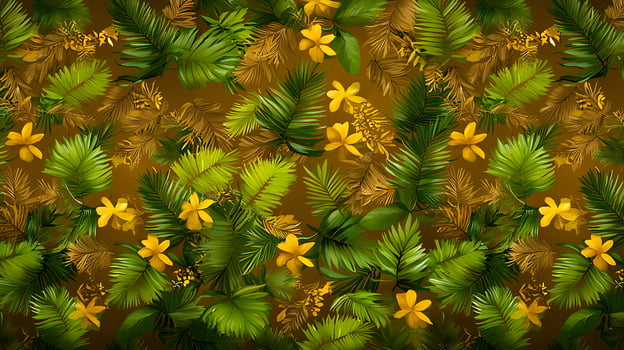 Lush tropical foliage pattern with vibrant green leaves and yellow flowers on a golden background photo