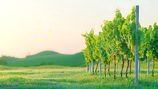 Lush vineyard rows basking in golden sunset light, with rolling hills and serene nature backdrop photo