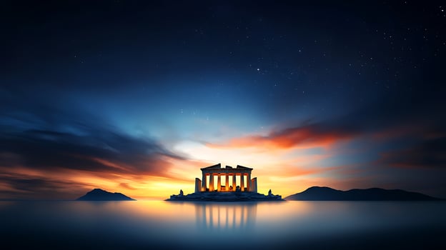 Majestic ancient temple illuminated by sunset over tranquil waters with distant mountains photo