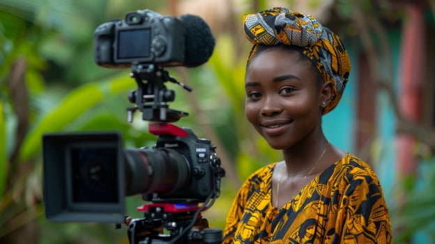 A young woman radiates joy as she operates a professional camera in a lush environment, dressed in a colorful traditional outfit that highlights her cultural heritage. photo