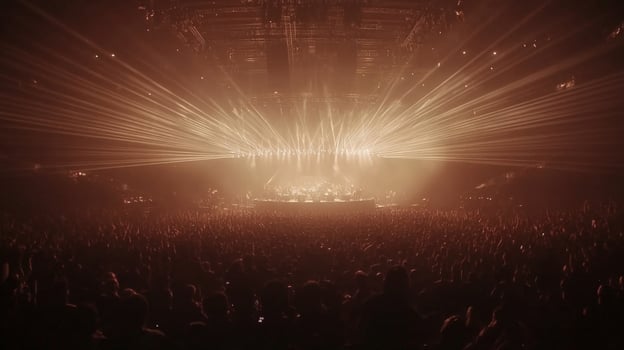 Crowd enjoying electronic music concert with orange laser lights and cheering photo