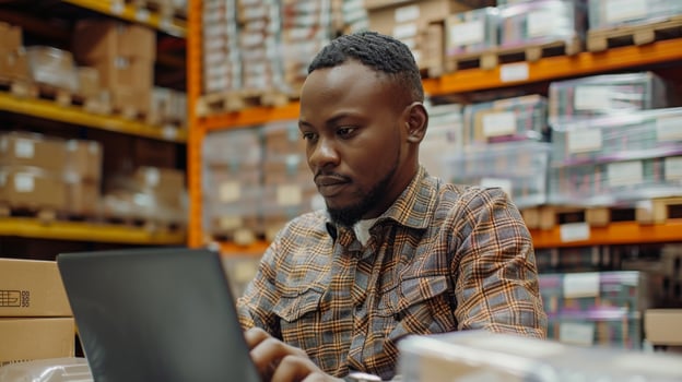 Focused young man operates a laptop amidst a bustling warehouse, engaged in managing logistics and inventory amidst stacks of boxes on shelves. photo