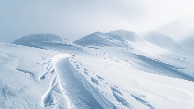 A vast, white snow covered mountain range stretches into the distance, with visible ski tracks curving across the powdery snow under a bright blue sky. photo