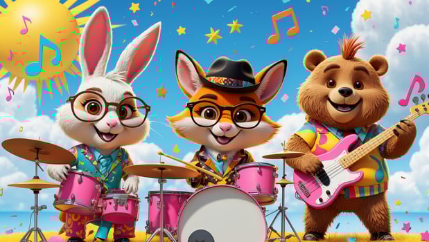 Colorful animated band of animals performing music outdoors on a sunny day with vibrant decorations and playful atmosphere photo