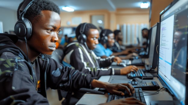 Group of students focused on programming tasks inside a computer lab equipped with multiple workstations and software, fostering collaboration and technical skills development. photo