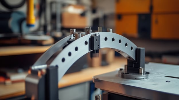 Metal part being processed by industrial automated machinery photo