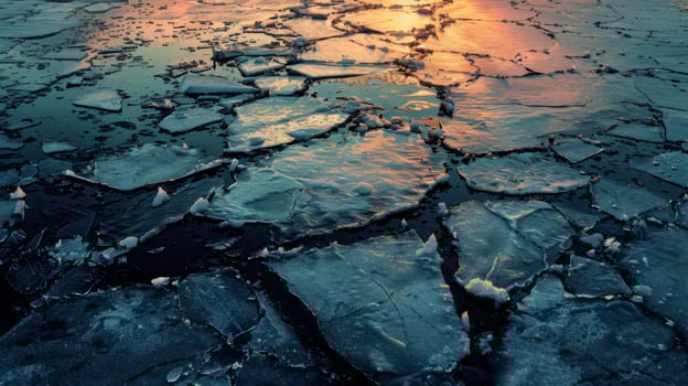Cracks in thick ice create a mosaic pattern, reflecting warm hues of the sunset over the tranquil surface of a frozen lake during the winter season. photo