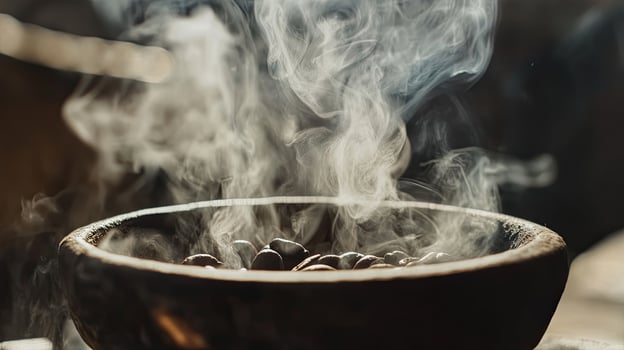 Steaming Coffee Beans in Wooden Bowl photo