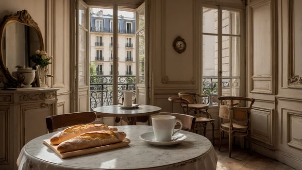 Charming cafe interior with fresh baked bread and a warm cup of coffee in Paris photo