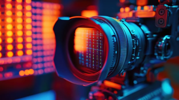 Professional digital cinema camera shooting a movie with rgb lights in the background photo