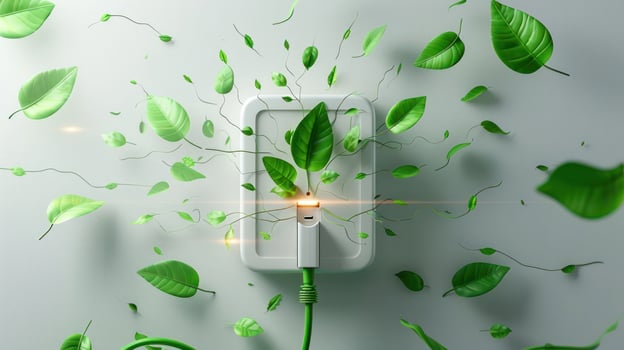 A vibrant green energy concept showcasing a plug with leaves emerging, symbolizing eco-friendly power photo
