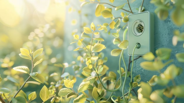 Power outlet surrounded by vibrant green leaves, symbolizing nature and technology harmony photo