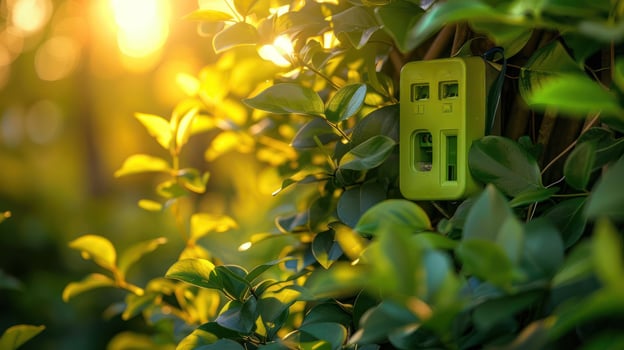 Vibrant green electrical outlet blending with lush foliage at sunset in a serene garden setting photo