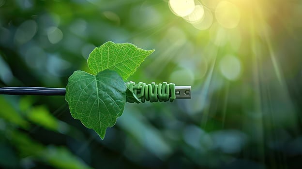Green USB cable with leaf-shaped connector surrounded by lush foliage and sunlight photo