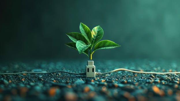 A small plant emerging from a power outlet on a textured surface, symbolizing growth and sustainability photo