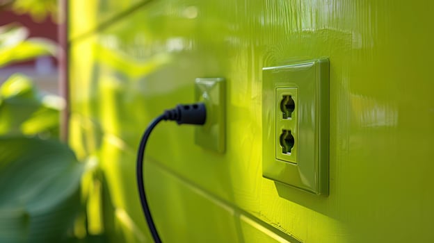 Bright green wall with power outlet and plug, surrounded by lush foliage in a sunny environment photo