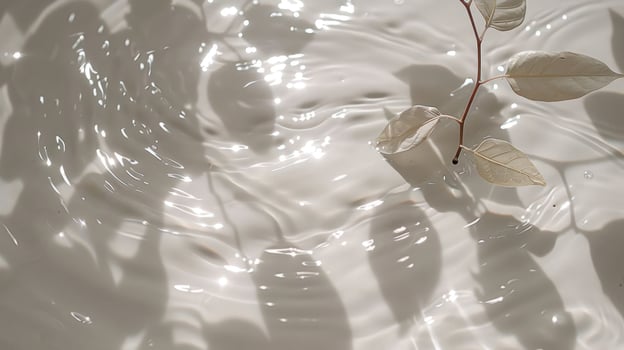 Serene water surface with delicate leaves casting shadows, creating a tranquil ambiance photo